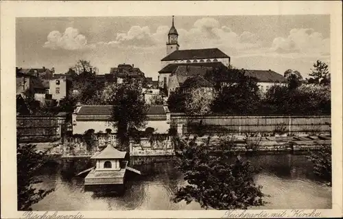 Ak Bischofswerda in Sachsen, Teichpartie mit Kirche