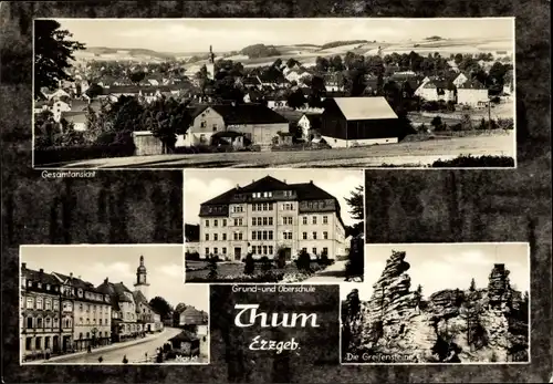 Ak Thum im Erzgebirge Sachsen, Gesamtansicht, Grund- und Oberschule, Markt, Greifensteine