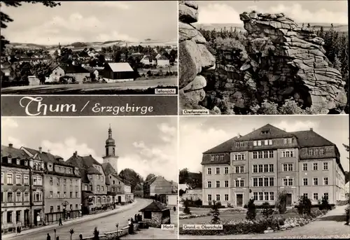 Ak Thum im Erzgebirge Sachsen, Gesamtansicht, Grund- und Oberschule, Markt, Greifensteine