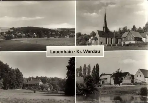 Ak Lauenhain Crimmitschau in Sachsen, Teilansichten des Ortes, Kirche