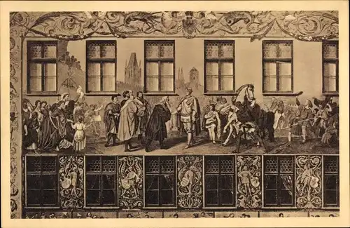 Ak Augsburg in Schwaben, Fuggerhaus, Freske: Augsburger bietet Kaiser Ludwig dem Bayer Schutz 1350