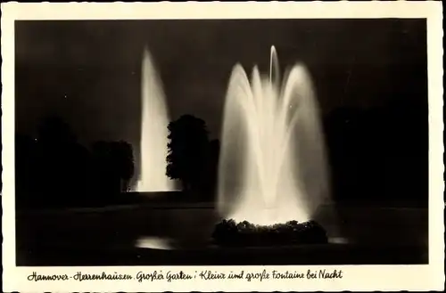 Ak Herrenhausen Hannover in Niedersachsen, Großer Garten, kleine und große Fontaine bei Nacht