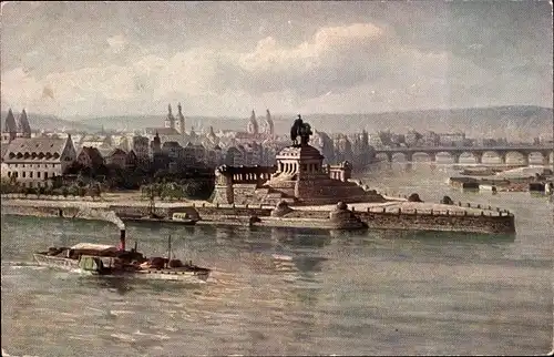 Künstler Ak Koblenz am Rhein, Deutsches Eck, Kaiser Wilhelm Denkmal