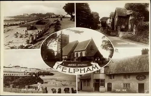 Ak Felpham West Sussex England, The Sands, Parish Church, Fox Inn, The Rocks