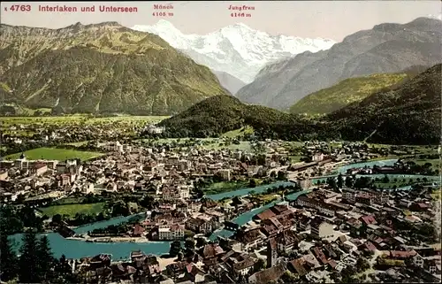 Ak Interlaken Kanton Bern Schweiz, Totalansicht, Unterwesen, Jungfrau, Mönch