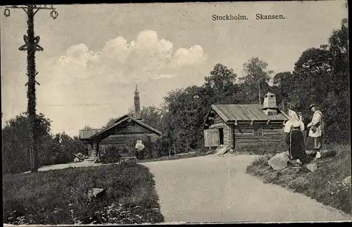 Ak Skansen Stockholm Schweden, alte Dorfhäuser