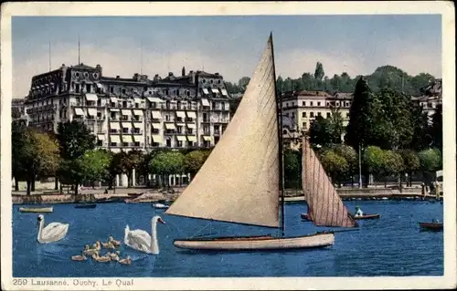 Ak Ouchy Lausanne Kanton Waadt, Le Quai, Segelboote, Schwäne