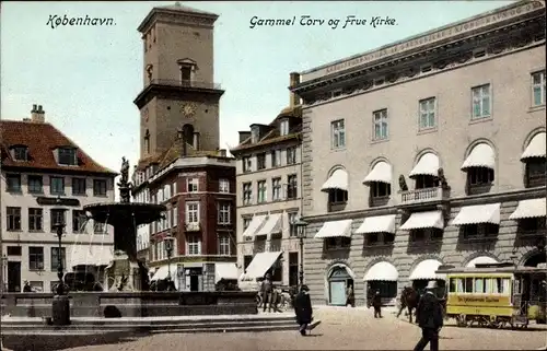 Ak København Kopenhagen Dänemark, Gammel Torv, Frue Kirke, Pferdebahn