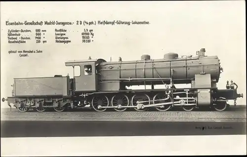 Ak Spanische Eisenbahn Gesellschaft Madrid Saragossa, Heißdampf Güterzug Lokomotive