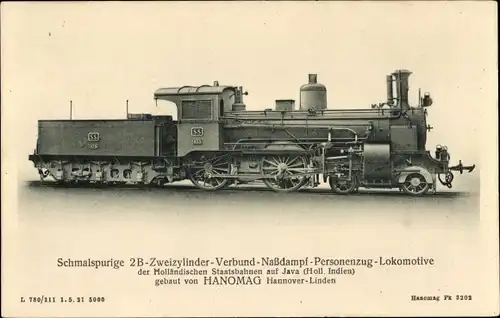 Ak Holländische Staatsbahnen auf Java, Schmalspur Personenzug Dampflokomotive 55, Hanomag