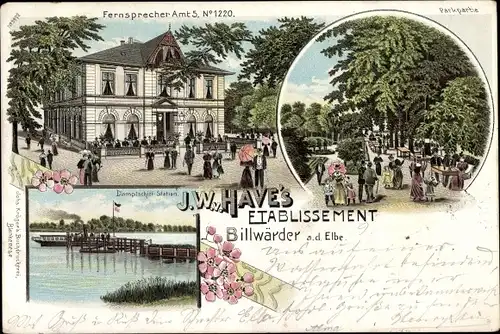 Litho Hamburg Bergedorf Billwärder, Etablissement von J. W. Have, Parkpartie, Dampfschiff Station