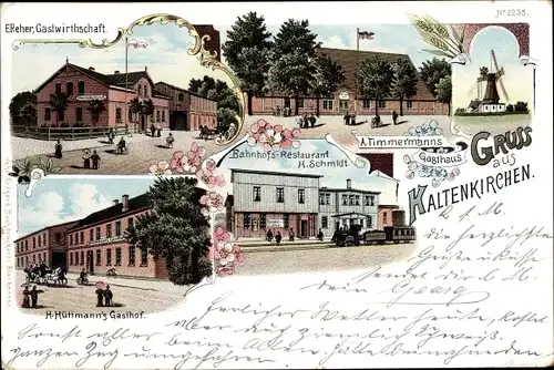 Litho Kaltenkirchen in Holstein, Gastwirtschaft, Gasthof, Gasthaus, Bahnhofsrestaunt, Windmühle