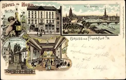 Litho Frankfurt am Main, Hotel du Nord, Panorama, Gutenberg Denkmal