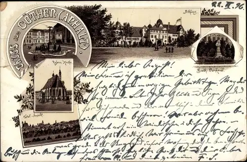 Litho Cöthen Köthen in Anhalt, Bach-Denkmal, Ref. Kirche, Schloss, Gesamtansicht vom Ort