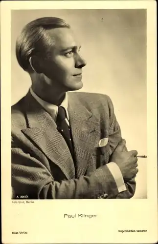 Ak Schauspieler Paul Klinger, Portrait im Profil, Zigarette, Ross Verlag A 3065/1