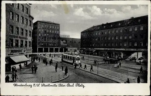 Ak Zabrze Hindenburg Oberschlesien, Stadtmitte, Peter Paul Platz, Straßenbahn