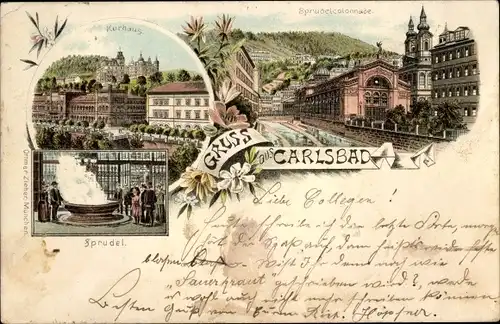 Vorläufer Litho Karlovy Vary Karlsbad Stadt, Kurhaus, Sprudelcolonnade, Sprudel
