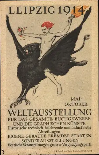 Ak Leipzig, Weltausstellung für das Buchgewerbe u. graphische Künste 1914, Mann auf schwarzem Greif