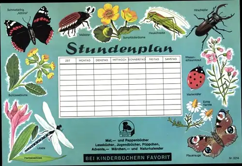 Stundenplan FAVORIT Buch, Kinderbücher, Schulbücher - Insekten, Schmetterlinge, Käfer um 1960