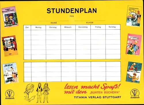 Stundenplan Titania Verlag Stuttgart, Jugendbücher " Bunte Bücher" um 1970