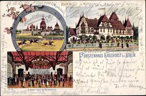 Litho Berlin Lichtenberg Karlshorst, Rennbahn, Hotel und Restaurant Fürstenhaus, Innenansicht