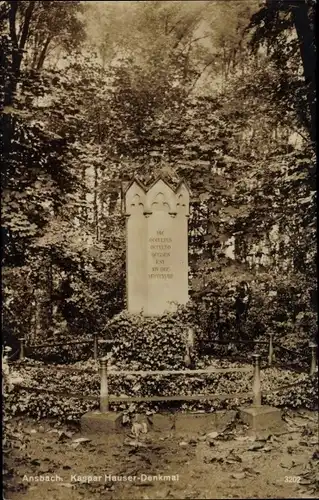 Ak Ansbach in Mittelfranken Bayern, Kaspar Hauser Denkmal
