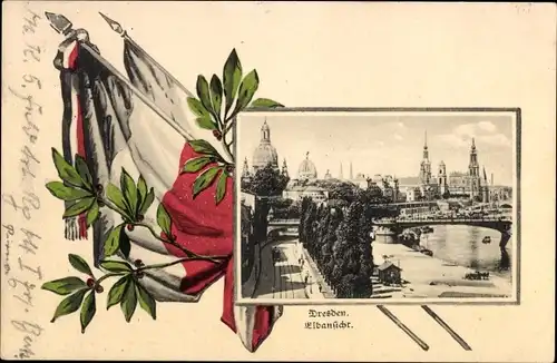 Ak Dresden Altstadt, Elbansicht, Fahne, Brücken, Kirche, Panorama
