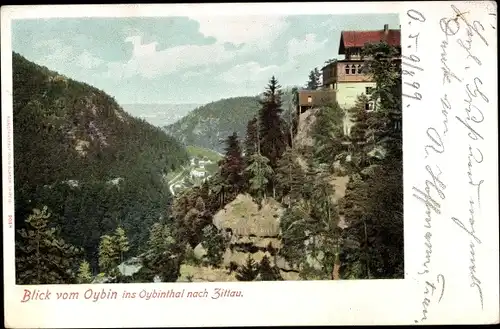 Ak Oybin in Sachsen, Blick vom Berg ins Oybintal nach Zittau