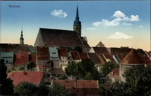 Ak Bautzen der Lausitz, Blick zur Kirche, Teilansicht vom Ort