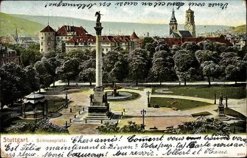 Ak Stuttgart in Württemberg, Schlossplatz, Säule, Statue, Brunnen, Pavillon