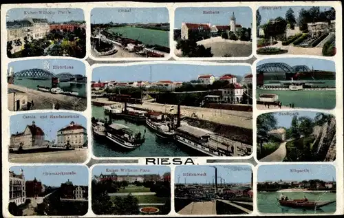 Ak Riesa an der Elbe Sachsen, Elbkai, Rathaus, Stadthaus, Elbpartie, Stadtpark, Bismarckstraße