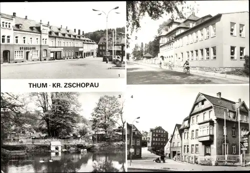 Ak Thum im Erzgebirge Sachsen, Markt, Kindergarten, Tiergehege, Bahnhofstraße