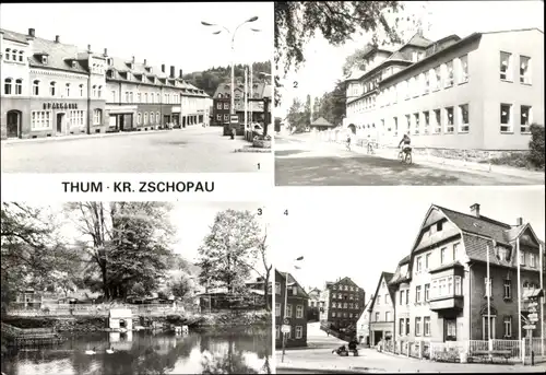 Ak Thum im Erzgebirge Sachsen, Markt, Kindergarten, Tiergehege, Bahnhofstraße