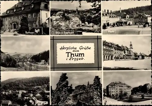 Ak Thum im Erzgebirge Sachsen, Markt, Rathaus, Oberschule, Blick v. Stadtpark