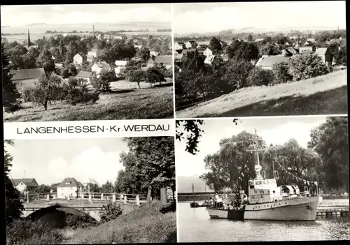 Ak Langenhessen Werdau in Sachsen, Teilansichten, Brücke, Schiff am Anleger