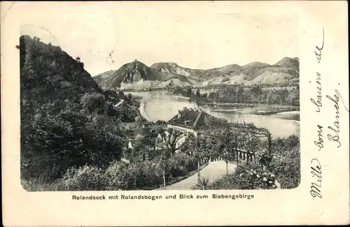 Ak Rolandseck Remagen am Rhein, Rolandseck mit Rolandsbogen und Blick zum Siebengebirge