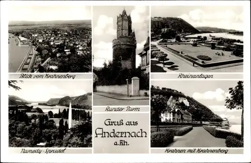 Ak Andernach am Rhein, Blick vom Krahnenberg, Rheinanlagen, Runder Turm, Namedy-Sprudel
