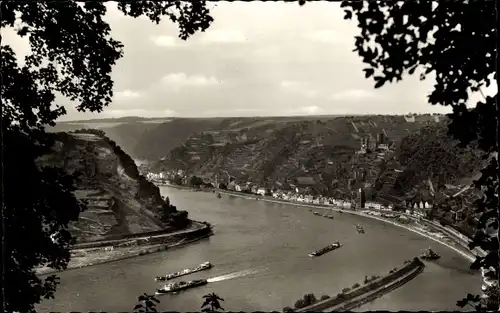 Ak Sankt Goarshausen am Rhein, Blick von der Loreley, Burg Katz