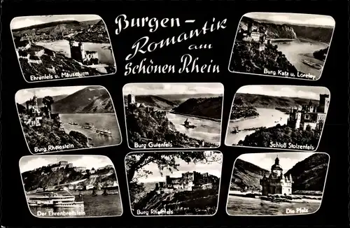 Ak Sankt Goarshausen am Rhein, Burgen-Romantik, Burg Katz, Die Pfalz, Ehrenbreitstein, Rheinstein