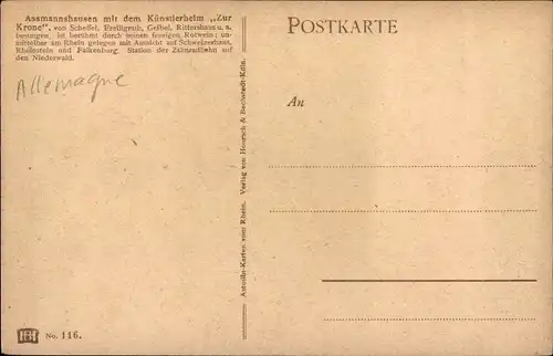 Künstler Ak Astudin, Assmannshausen Rüdesheim am Rhein, Künstlerheim "Zur Krone"