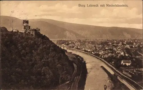 Ak Niederlahnstein Lahnstein am Rhein, Burg Lahneck, Panorama