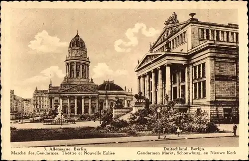 Ak Berlin Mitte, Gendarmenmarkt, Marché des Gendarmes, Theatre et Nouvelle Eglise