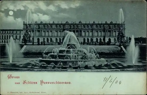 Mondschein Ak Herrenchiemsee Herreninsel Chiemsee Oberbayern, Schloss Herrenchiemsee, Springbrunnen
