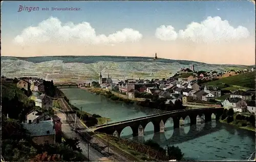 Ak Bingen am Rhein, Gesamtansicht mit Drususbrücke