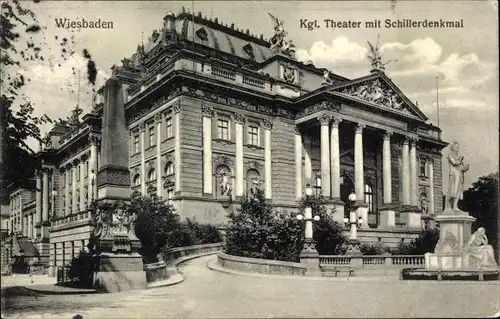 Ak Wiesbaden in Hessen, Kgl. Theater mit Schillerdenkmal