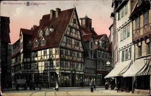 Ak Hannover in Niedersachsen, Alt-Hannover, Ecke Marktstraße, Fachwerkhäuser, Passanten