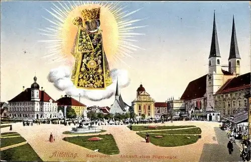 Künstler Ak Altötting in Oberbayern, Ankunft eines Pilgerzuges, Heiligenbild, Kirche