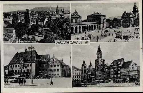 Ak Heilbronn am Neckar, Hauptbahnhof, Rathaus, Kaiserstr. mit Markplatz, Robert Mayer-Denkmal