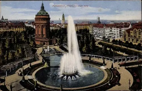Ak Mannheim in Baden, Friedrichsplatz, Springbrunnen, Wasserturm