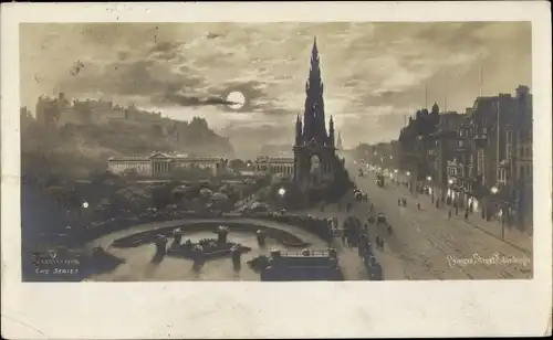 Mondschein Ak Edinburgh Schottland, Princess Street